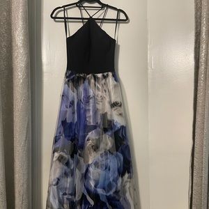 Halter-neck blue, white & black floral evening gown for sale!